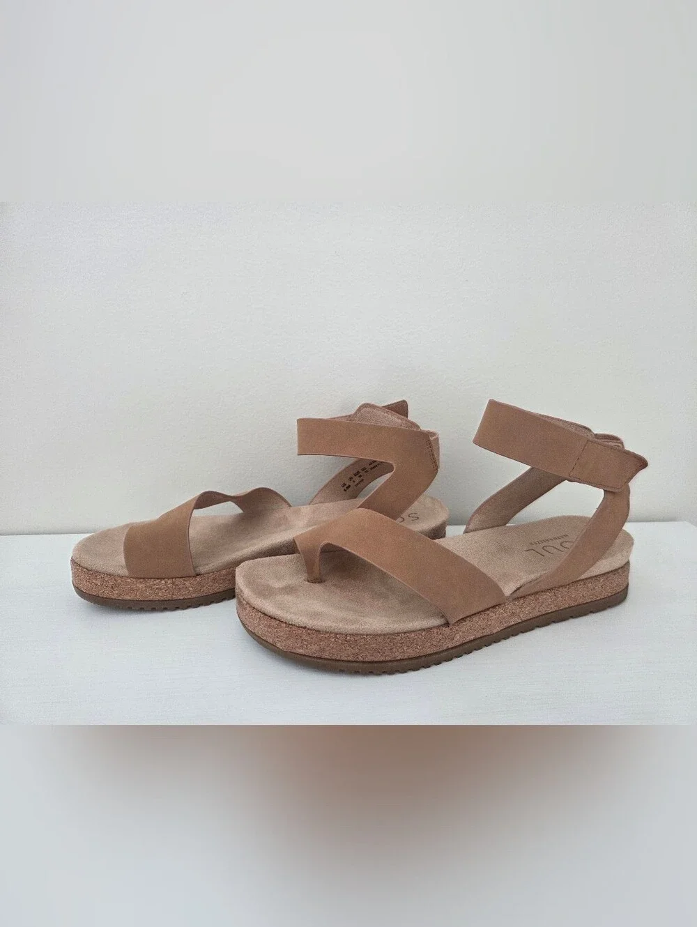 SOUL Naturalizer Neutral Tan Platform Sandal with Ankle Strap.